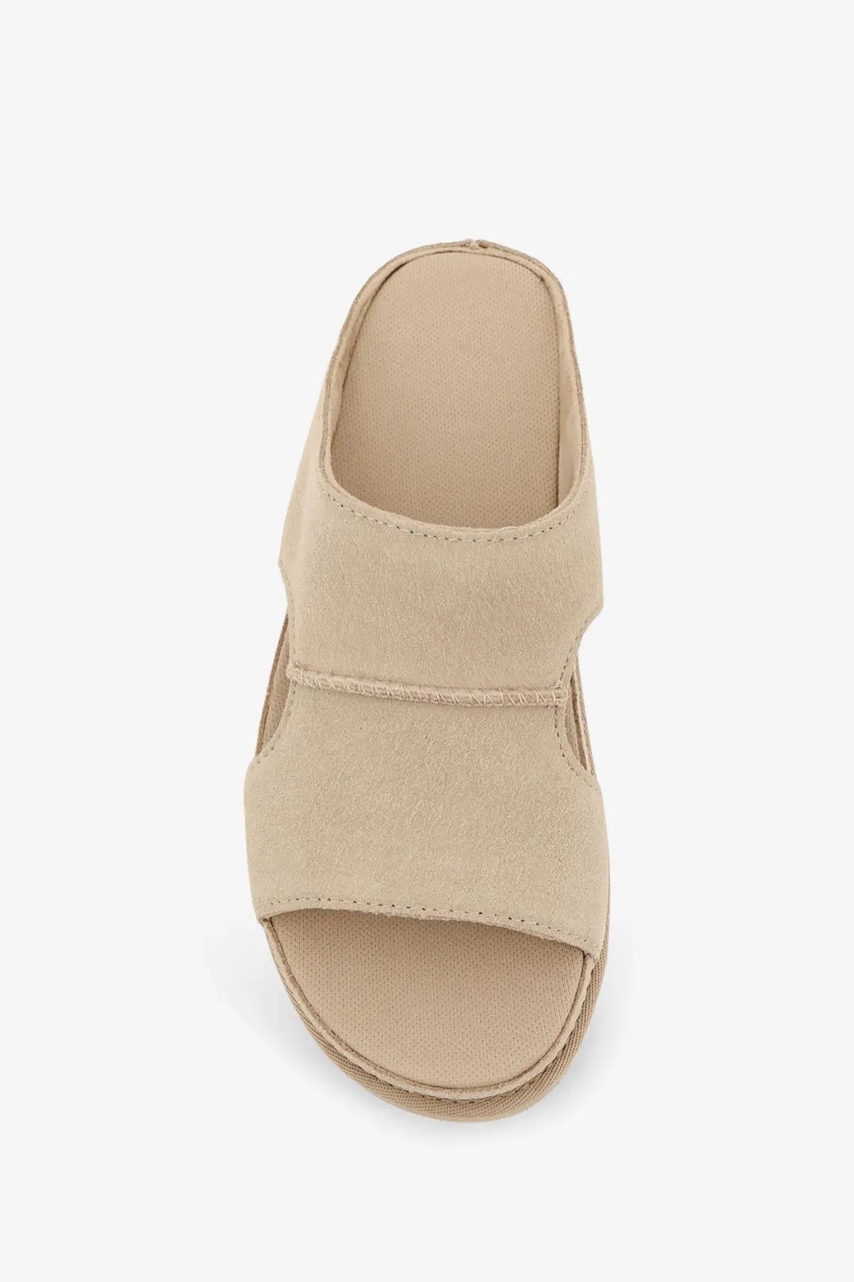 Ugg women’s Goldenstar beige suede slide-on wedge sandal with cushioned insole and two adjustable straps for comfort
