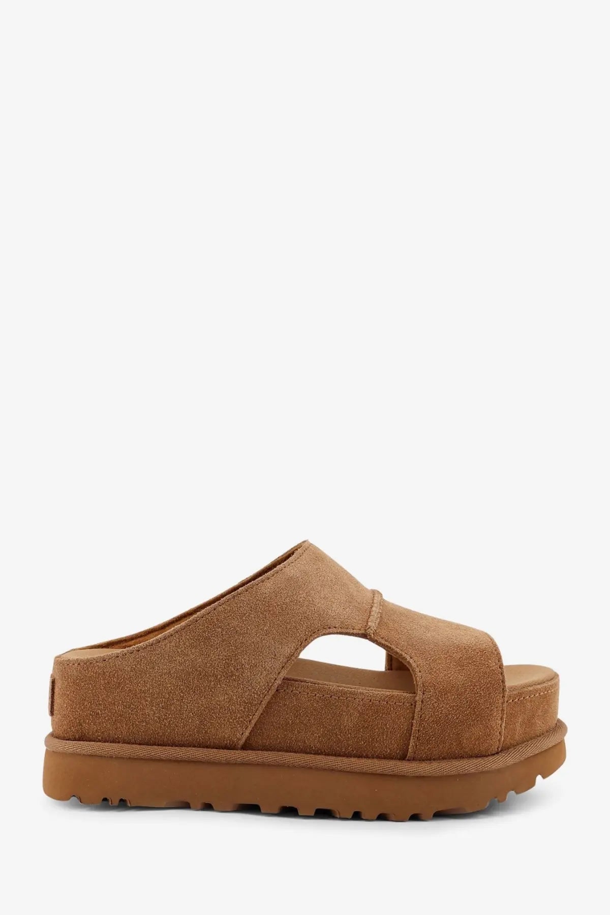 Ugg women’s goldenstar tan suede slide sandal with chunky rubber sole for casual wear