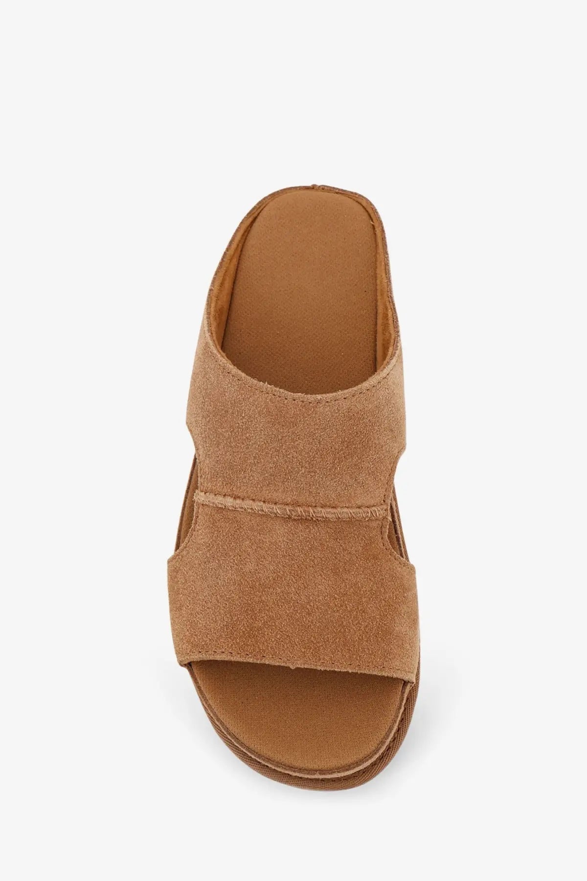 Ugg women’s goldenstar tan suede slide-on sandals with low wedge heel and two wide straps across the foot
