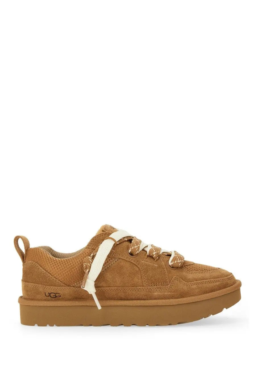 Ugg women’s lo lowmel sneaker in tan suede with cream laces and chunky rubber sole brown color