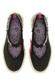Ugg women’s Mary Jane Areum black canvas slip-on shoes with pink and lavender ribbon ties and whimsical lining