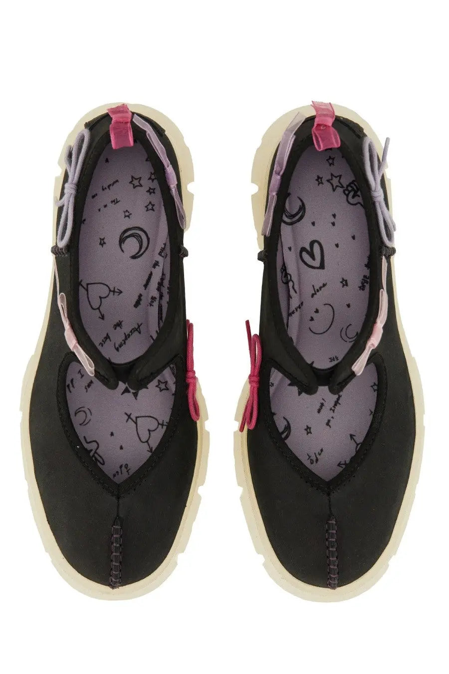 Ugg women’s mary jane areum black slip-on canvas shoes with pink and lavender ribbon ties and whimsical star lining
