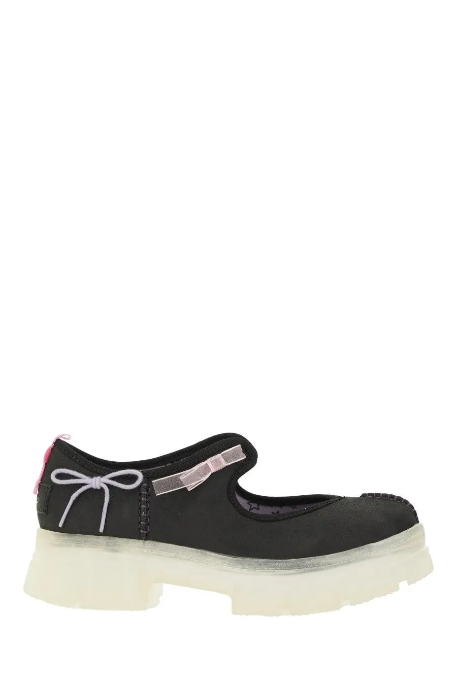 Ugg women’s mary jane areum black platform shoe with white bow detail and translucent sole