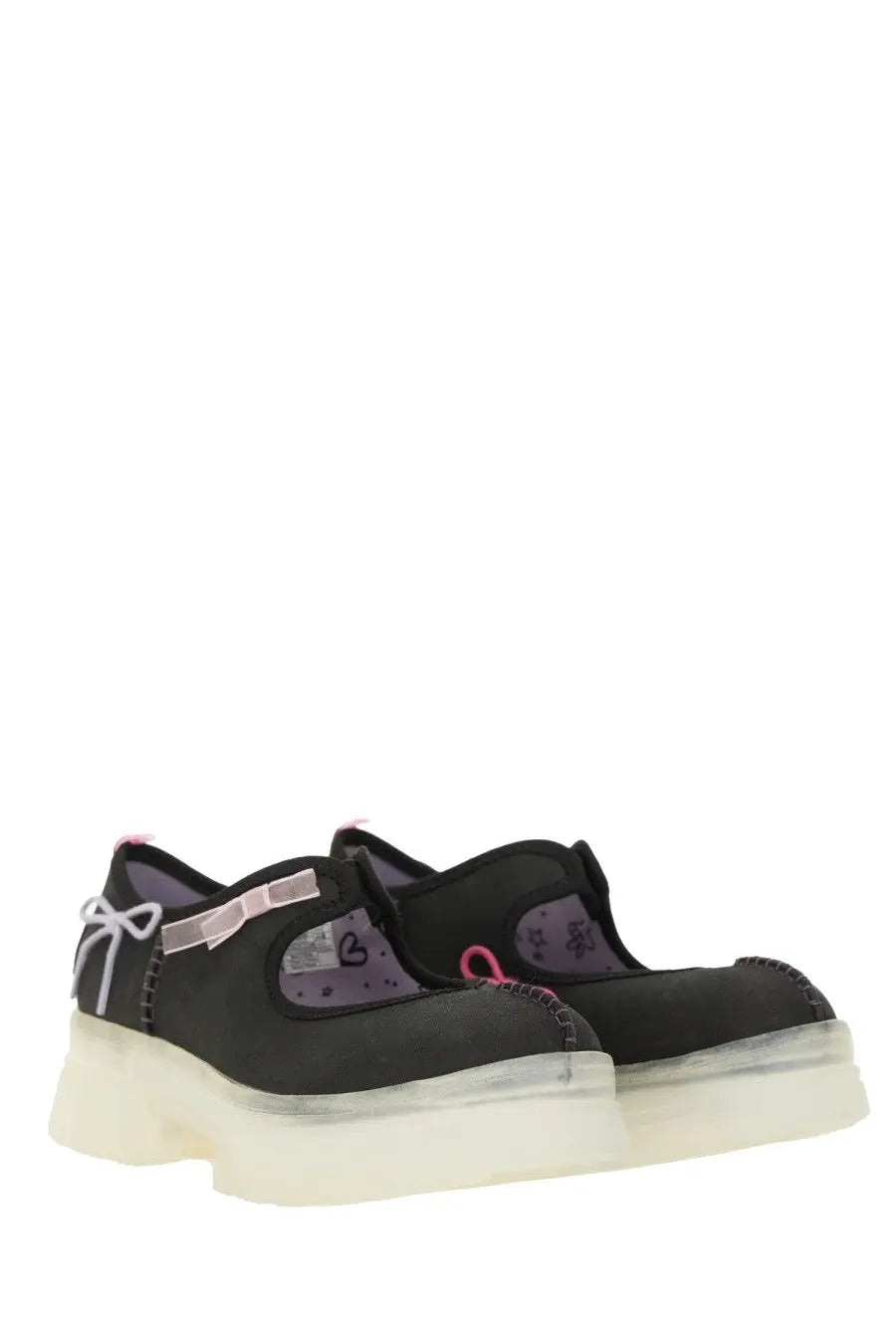Ugg women’s mary jane areum black platform shoes with translucent white soles pink ribbon accents and sheer purple panels