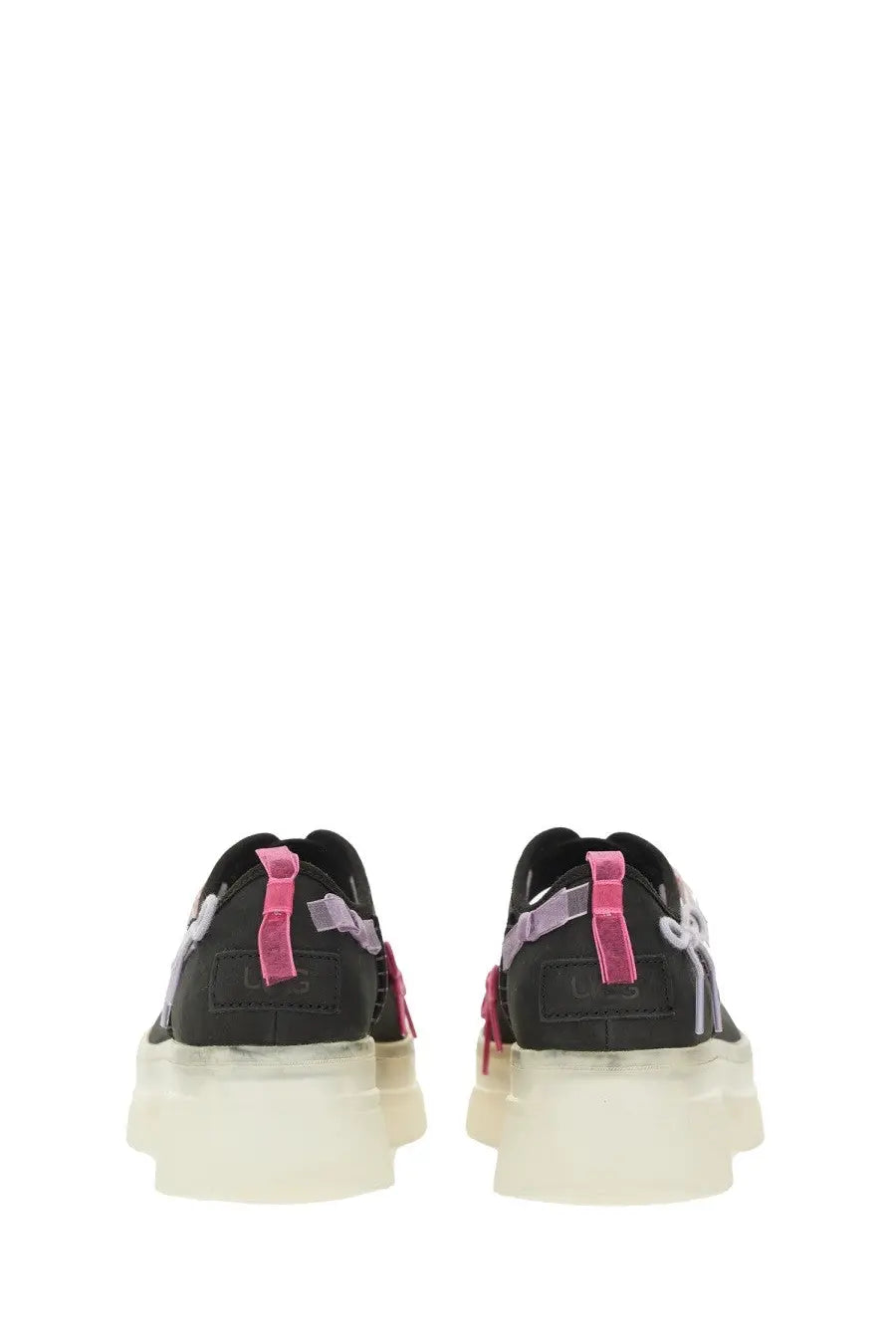 Ugg women’s Mary Jane Areum black sneakers with pink and purple accents and a translucent white sole