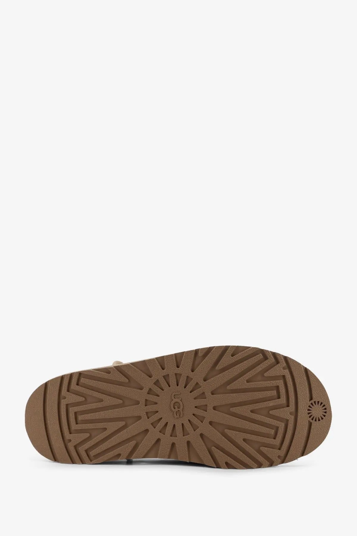 Beige ugg women’s nubuck sandals with brown rubber sole featuring ugg logo and distinctive tread pattern