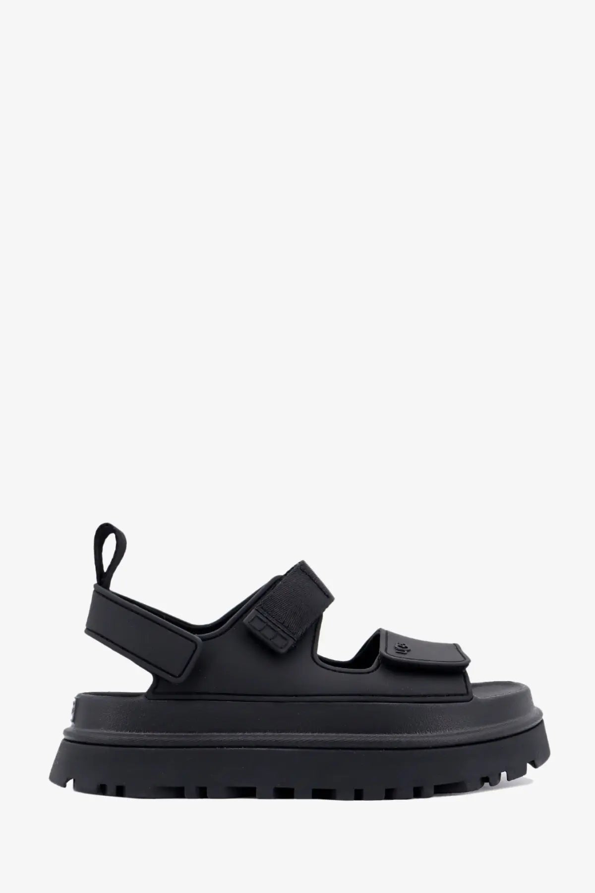 Ugg women’s black rubber platform sandal with thick sole and adjustable velcro straps
