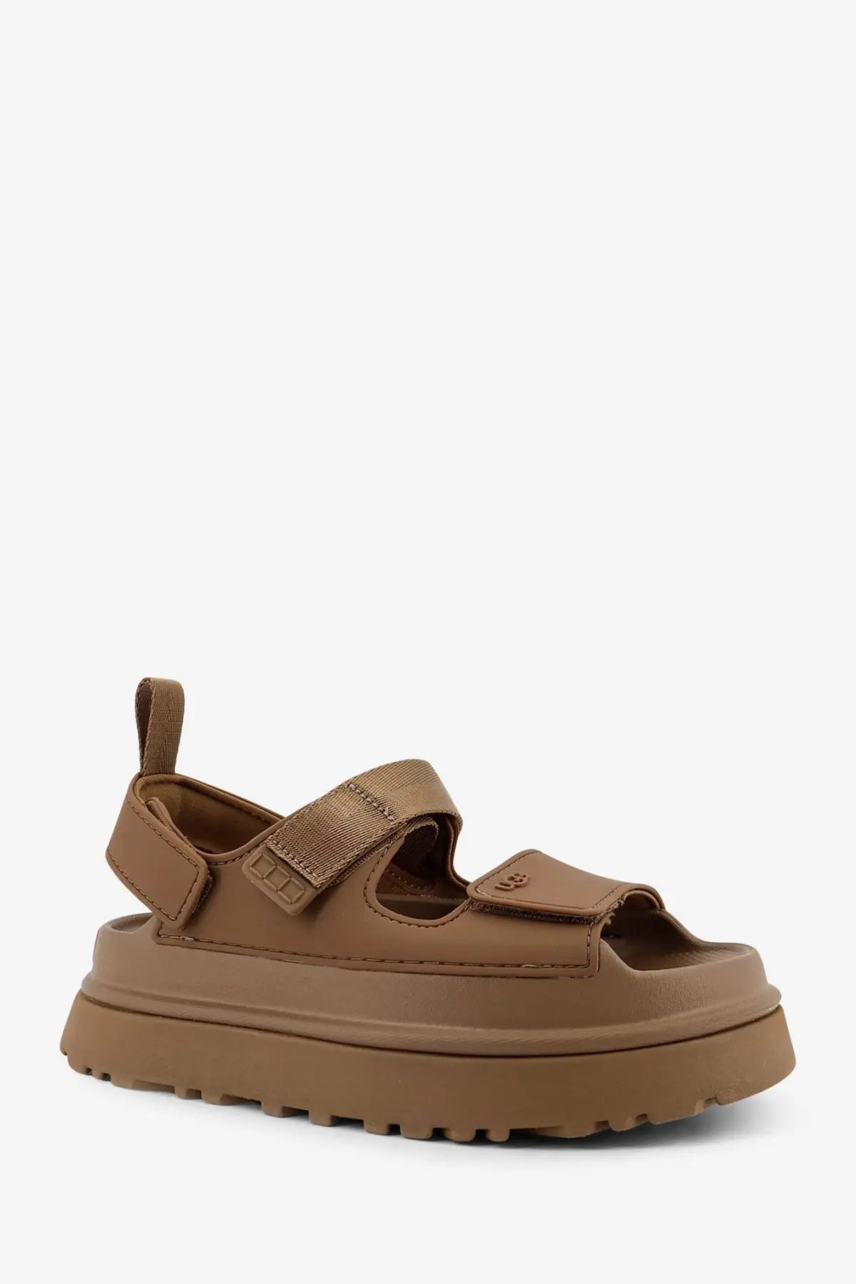 Ugg women’s brown rubber platform sandal with adjustable velcro straps and chunky rubber sole front view