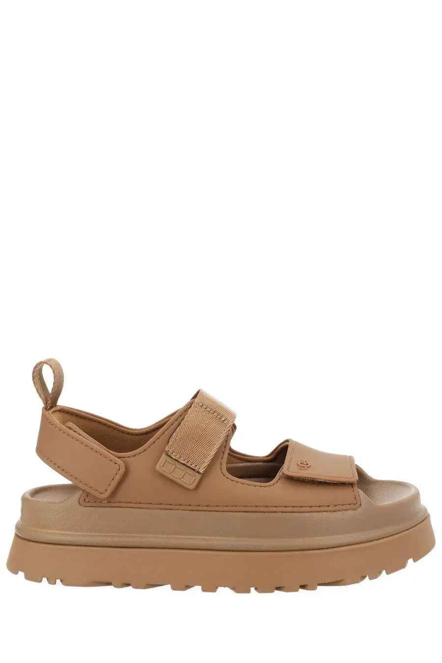 Ugg women’s goldenglow brown sandal with tan platform, velcro straps, and textured rubber sole for comfort