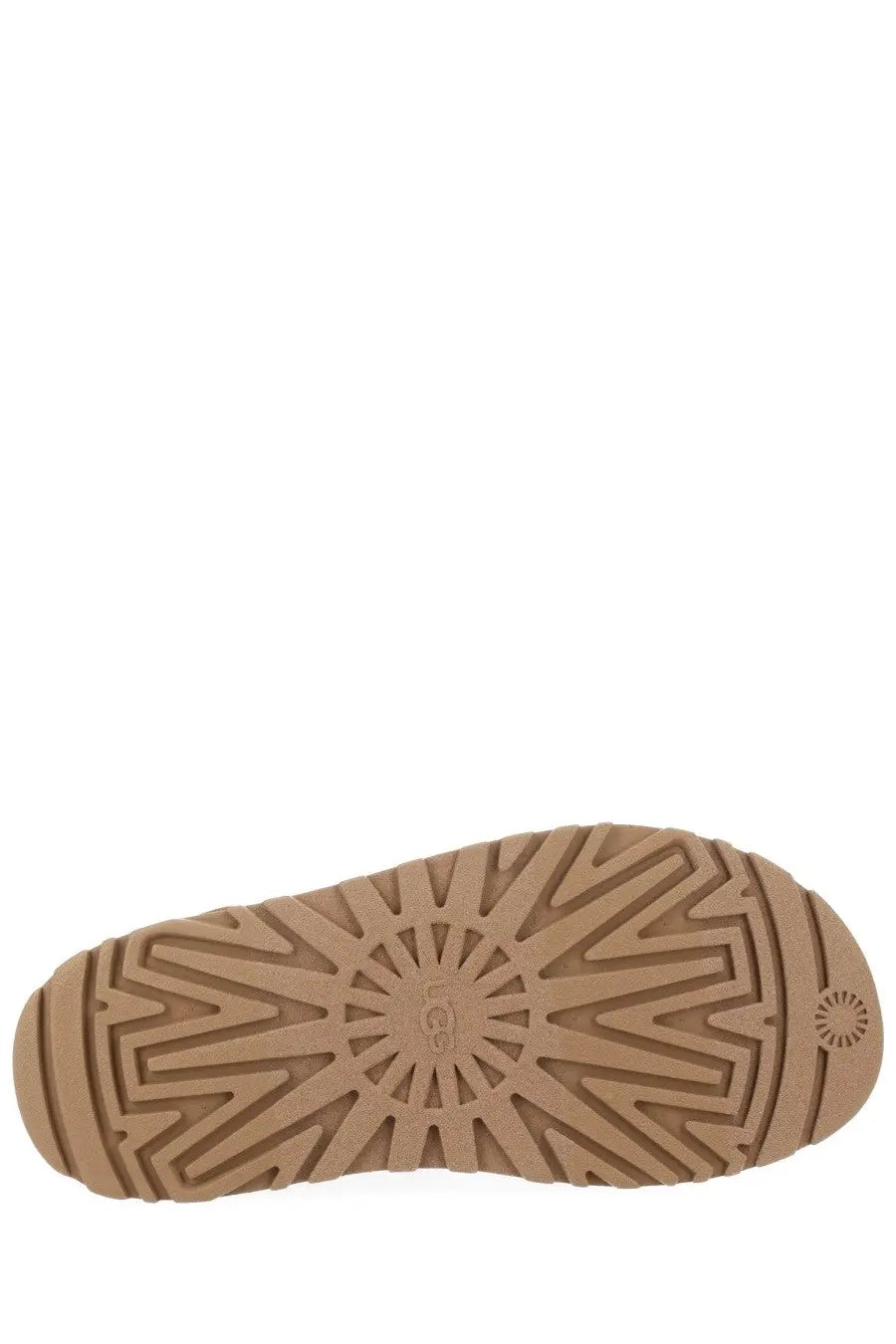 Tan rubber sole with starburst tread pattern and ugg logo embossed on ugg women’s sandal goldenglow brown