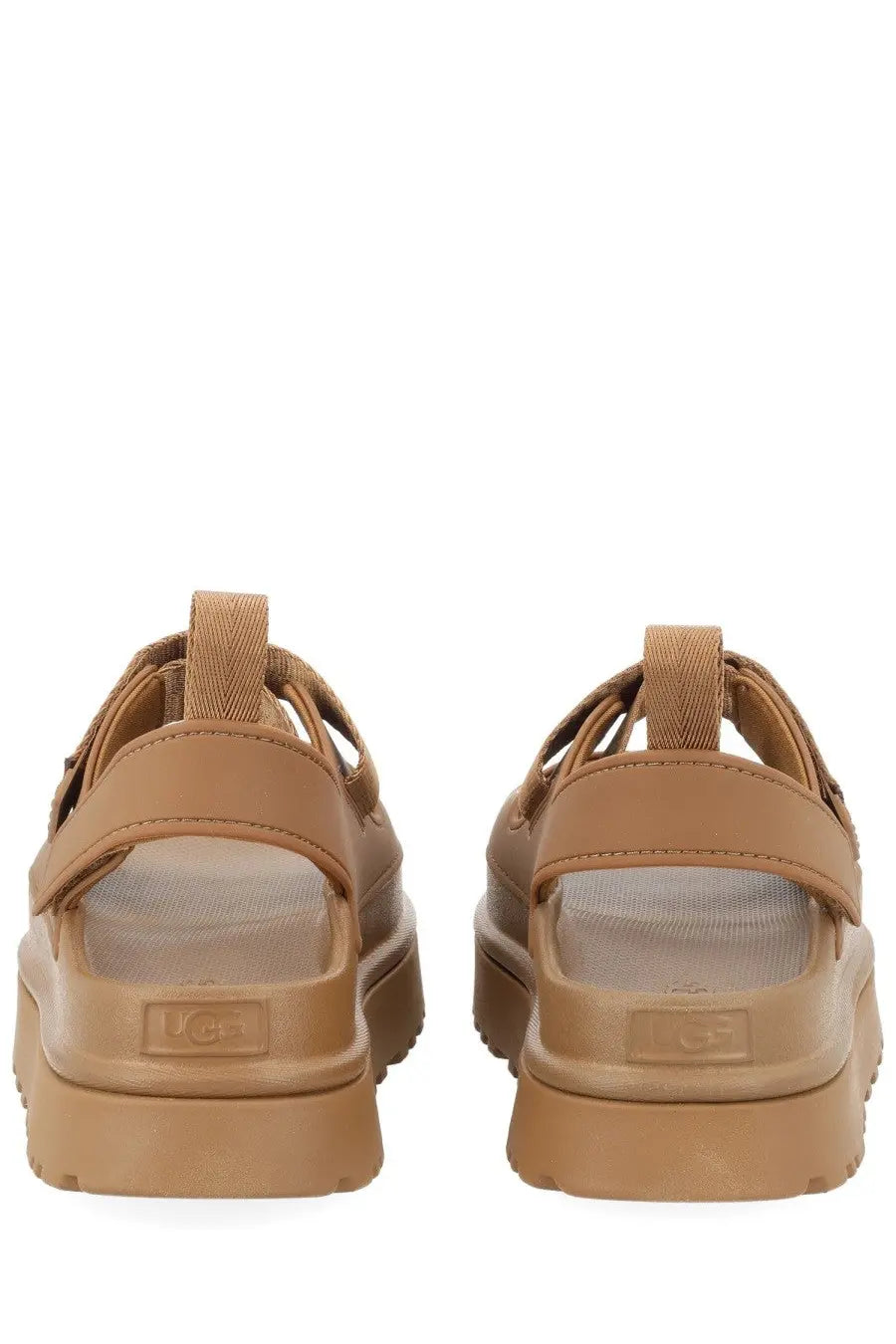 Ugg women’s sandal goldenglow brown with tan chunky soles and adjustable straps for casual wear