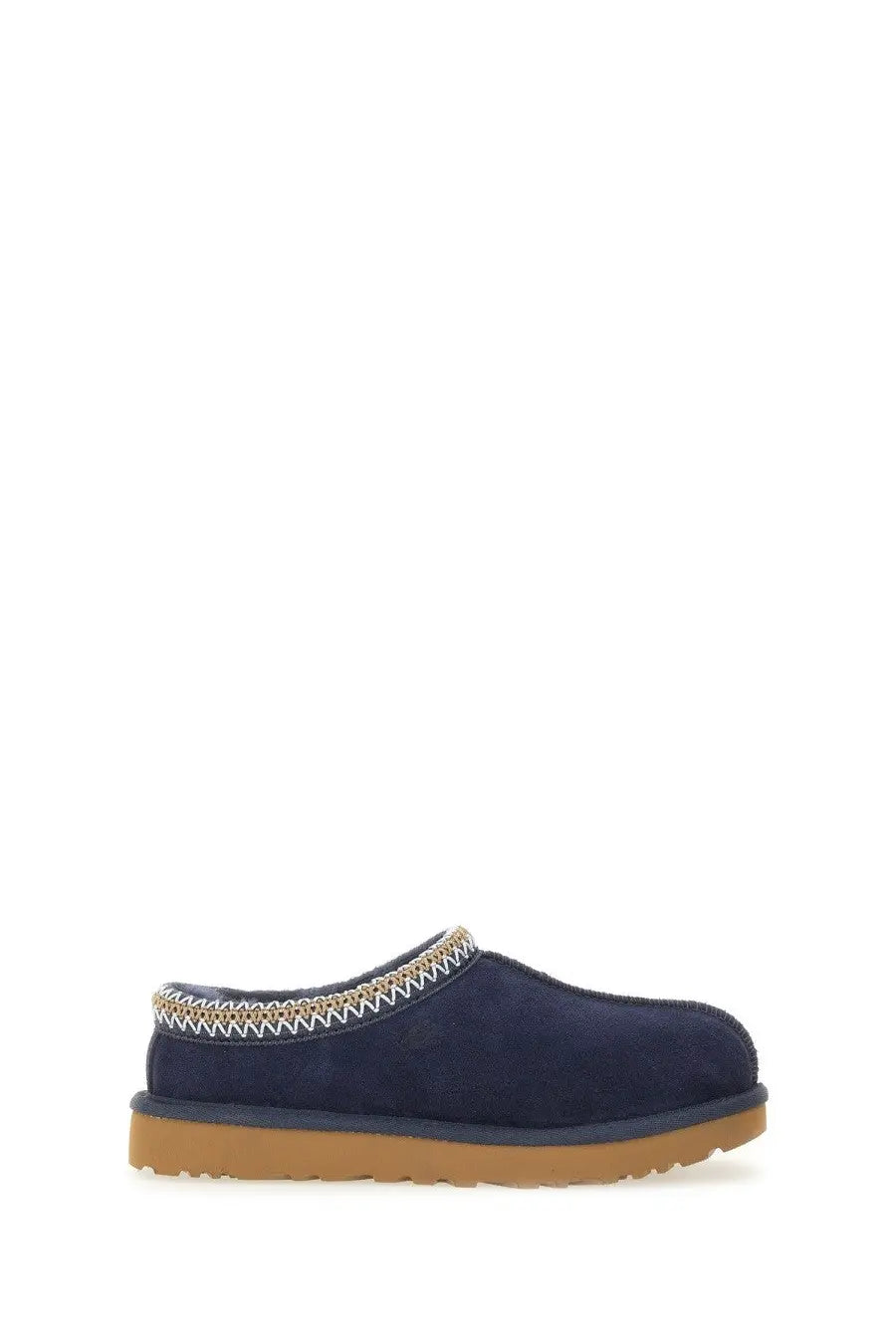Ugg women’s sandalwood tasman blue navy suede slip-on moccasin with tan rubber sole and zigzag stitching