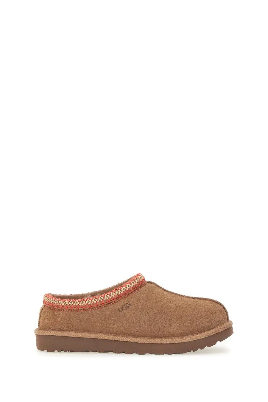 UGG women’s sandalwood tasman brown tan slip-on mule with red and beige woven trim around the opening