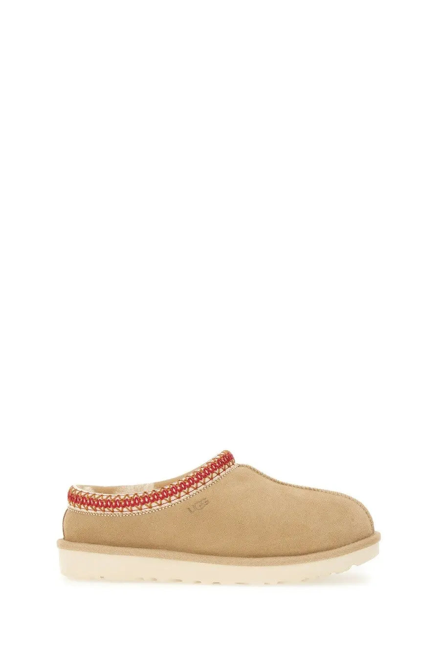 Ugg women’s sandalwood tasman white beige suede slipper with red braided trim and white rubber sole