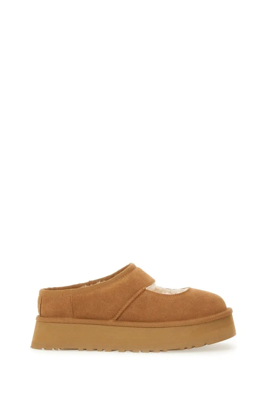Ugg women’s slipper bea mary jane brown tan suede platform mule with plush shearling lining and thick rubber sole