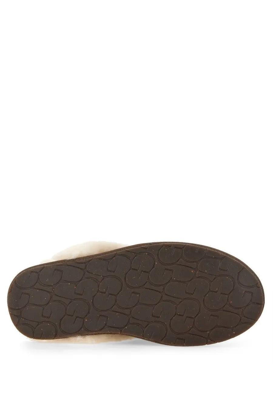 Brown rubber sole with embossed UGG logo pattern on UGG women slipper Scuffette brown back side view