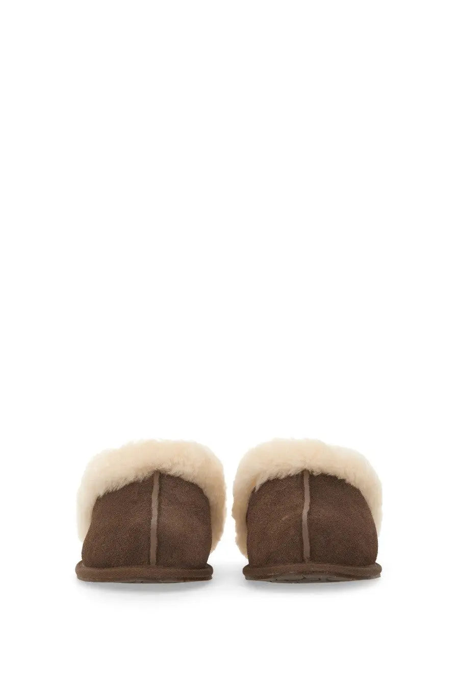 Ugg women’s slipper scuffette brown brown suede slipper with cream-colored shearling lining front view