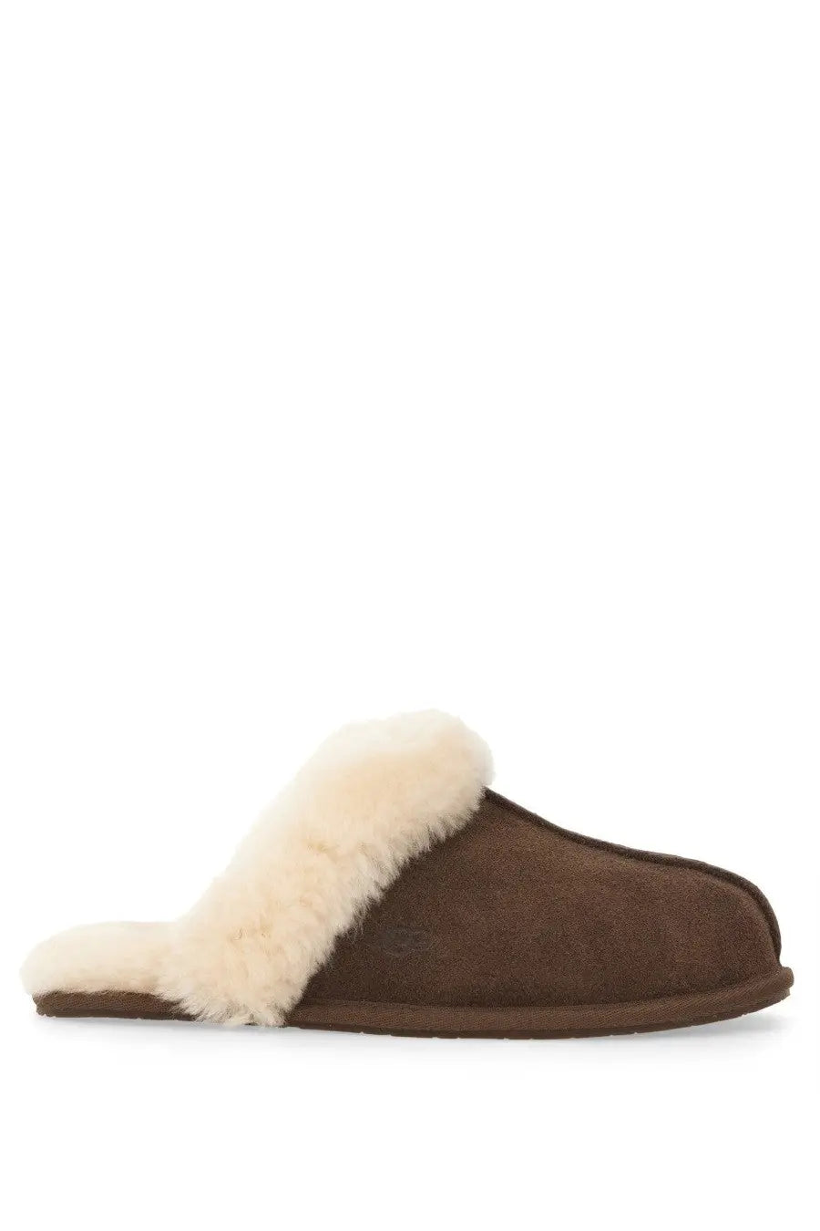 Ugg women’s scuffette slipper in brown suede with plush cream-colored shearling lining for cozy indoor wear