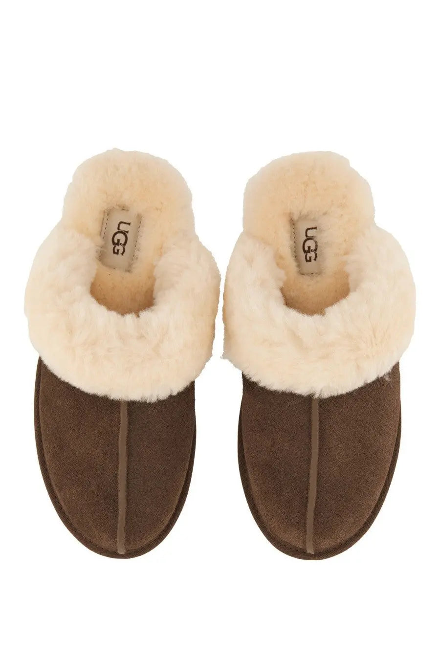 Ugg womens slipper scuffette brown brown suede slip-on mules with cream shearling lining for indoor comfort