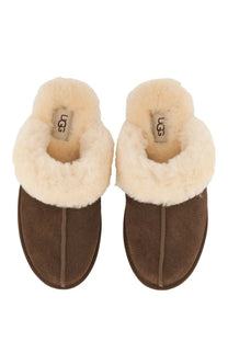 Ugg women’s slipper scuffette brown brown suede slip-on mules with cream-colored shearling lining visible from the front