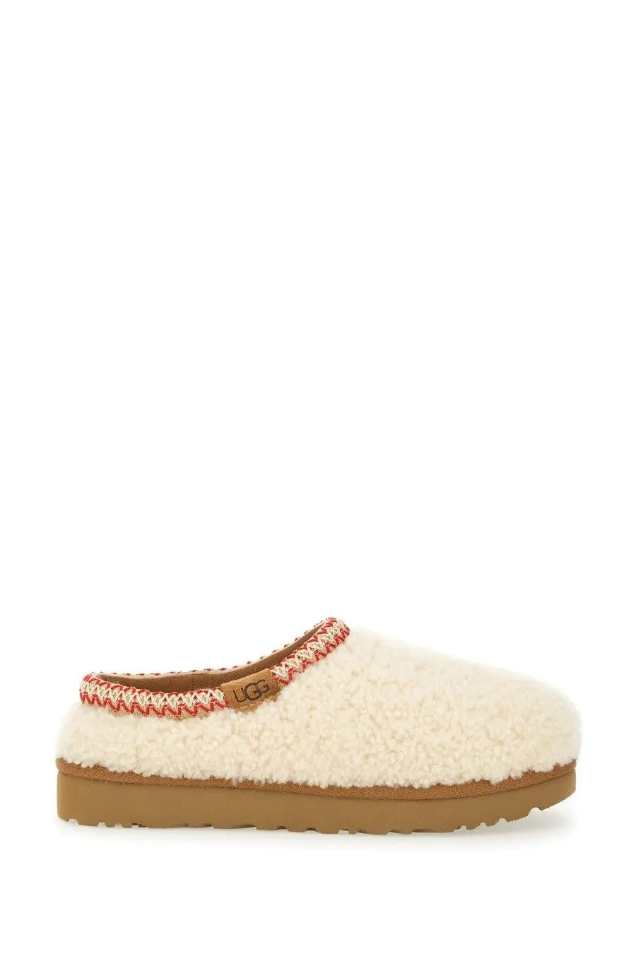 Ugg women’s slipper tasman white with cream shearling upper and red and white knitted trim slip-on mule