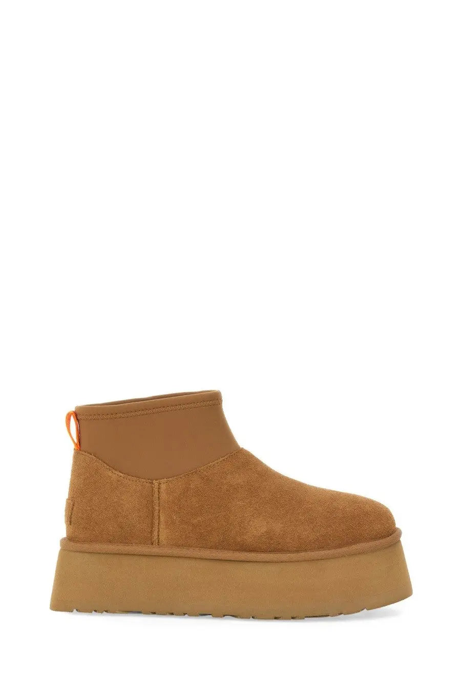 Back view of ugg womens stivale classic mini dipper brown tan suede platform boot with thick sole and orange pull tab