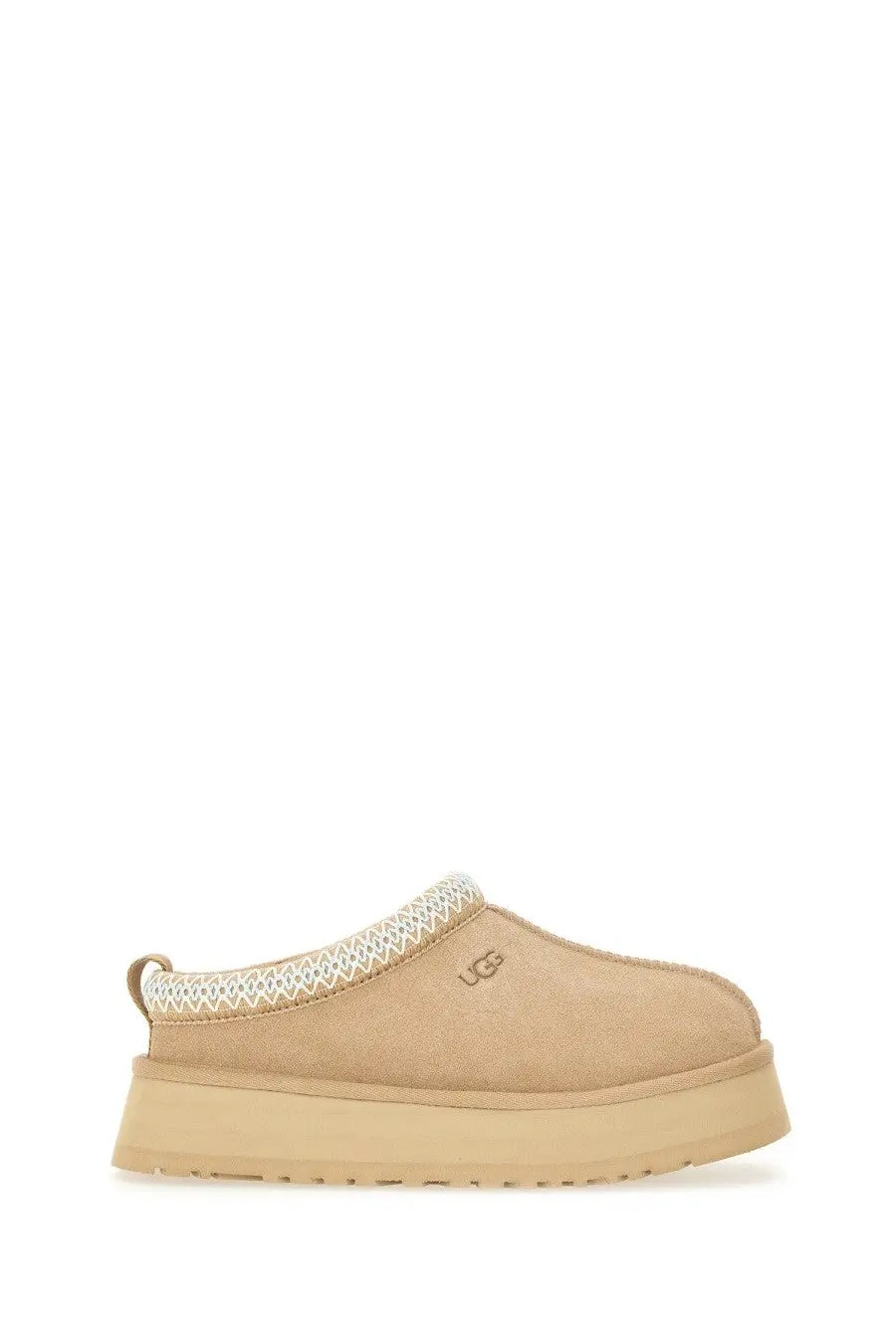 UGG women’s Tazz II plateau sandal beige suede slip-on mule with textured white woven trim and chunky platform sole