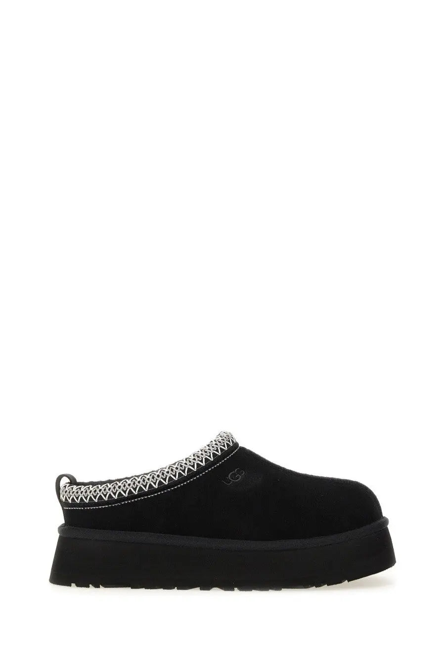 Ugg women’s tazz II plateau sandal in black suede with white zigzag stitch trim and platform slip-on mule design