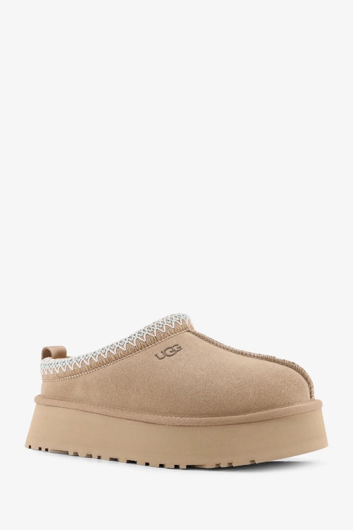 Ugg women’s tazz beige suede slip-on mule with white zigzag trim and chunky platform sole