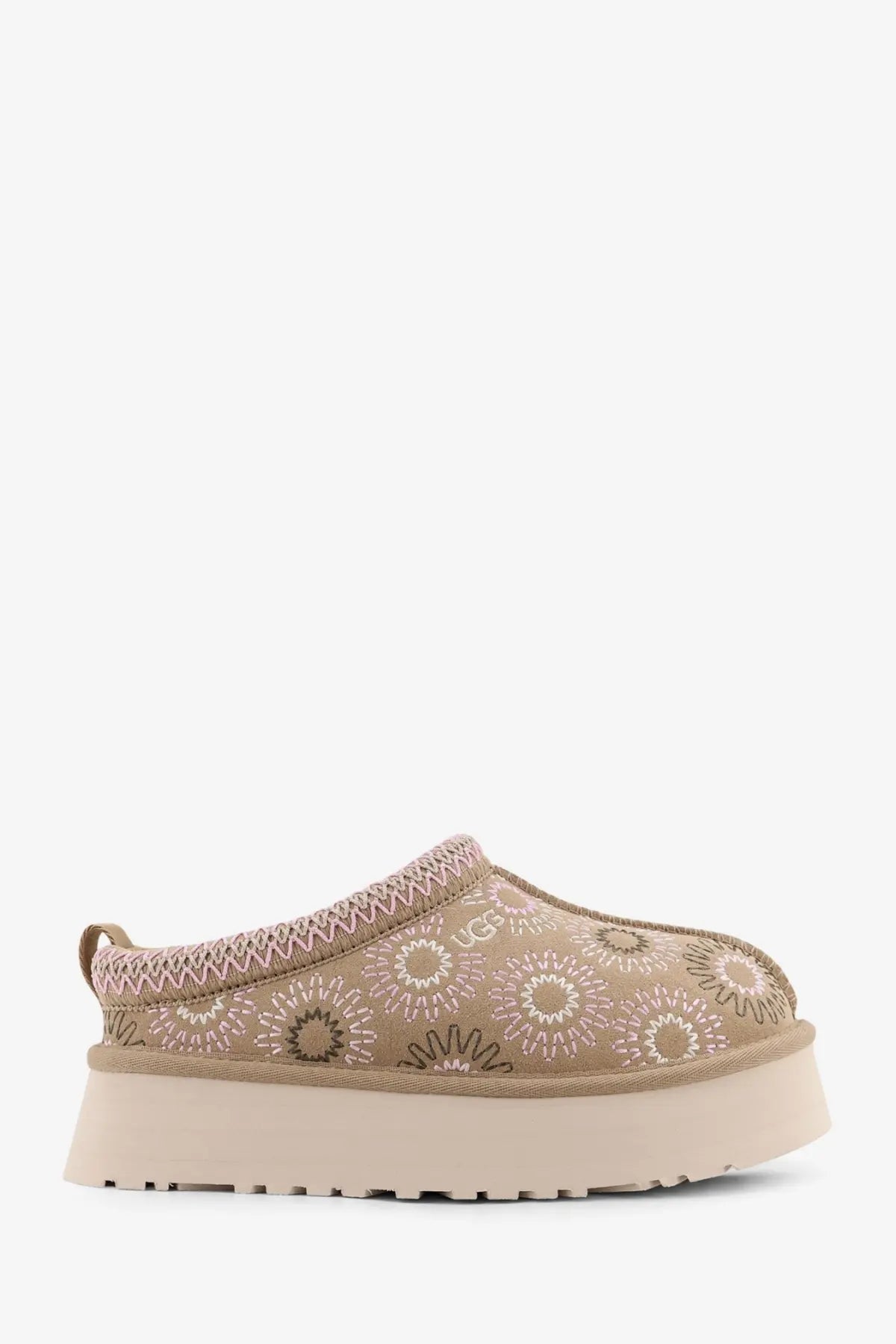 Beige ugg women’s tazz suede slip-on mule with soft pink and brown floral embroidered design on the upper