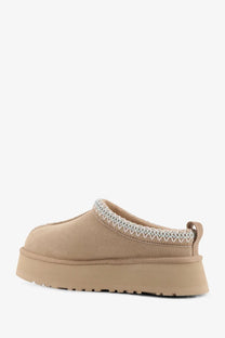 Ugg women’s tazz beige suede slip-on mule sandal with zigzag trim and thick platform sole
