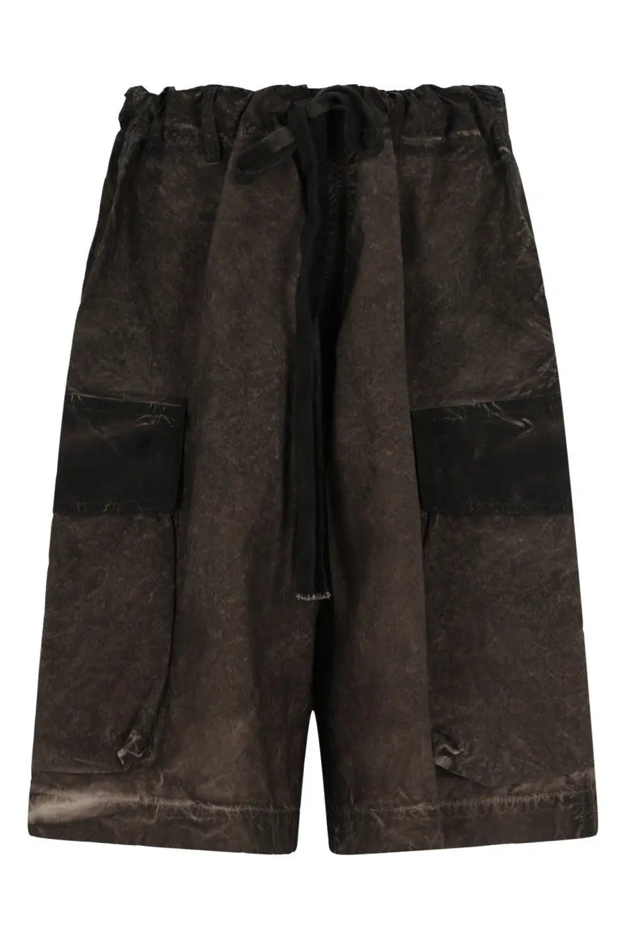 Uma wang men’s panther shorts in dark brown textured fabric with drawstring waist and black patch pockets