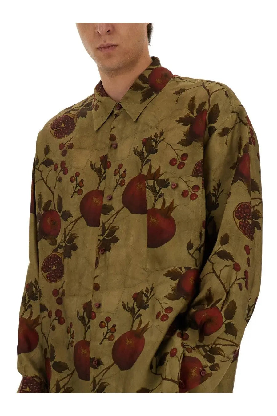 Olive-green button-up olive wang men’s shirt with red pomegranate print and dark green foliage multicolor design