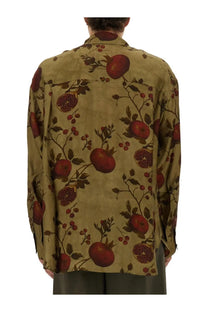Uma Wang men’s olive-green long-sleeved shirt with red pomegranate print on textured botanical fabric
