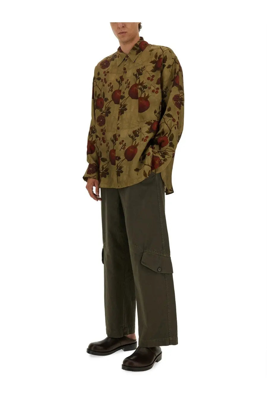 Uma wang men’s olive-green long-sleeved button-up shirt with red pomegranate and brown vine botanical print