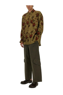 Uma wang men’s olive-green long-sleeved button-up shirt with red pomegranate and brown vine botanical print