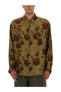 Uma Wang men’s olive-green long-sleeved button-up shirt with red pomegranate print and detailed foliage design