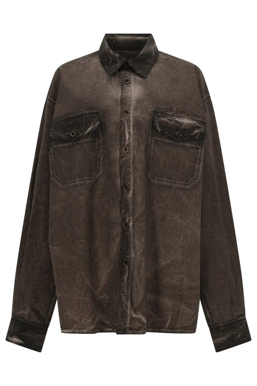 Uma Wang men’s tavis shirt brown with dark brown textured fabric and black leather patches on chest pockets