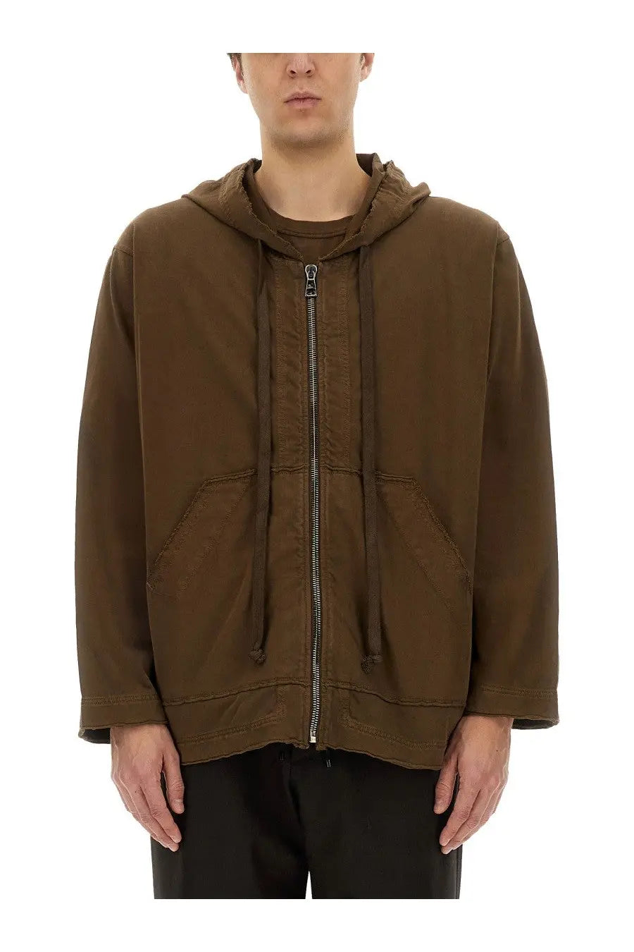 Uma Wang men’s brown hooded zip-up jacket with drawstrings and front pockets made from soft fabric