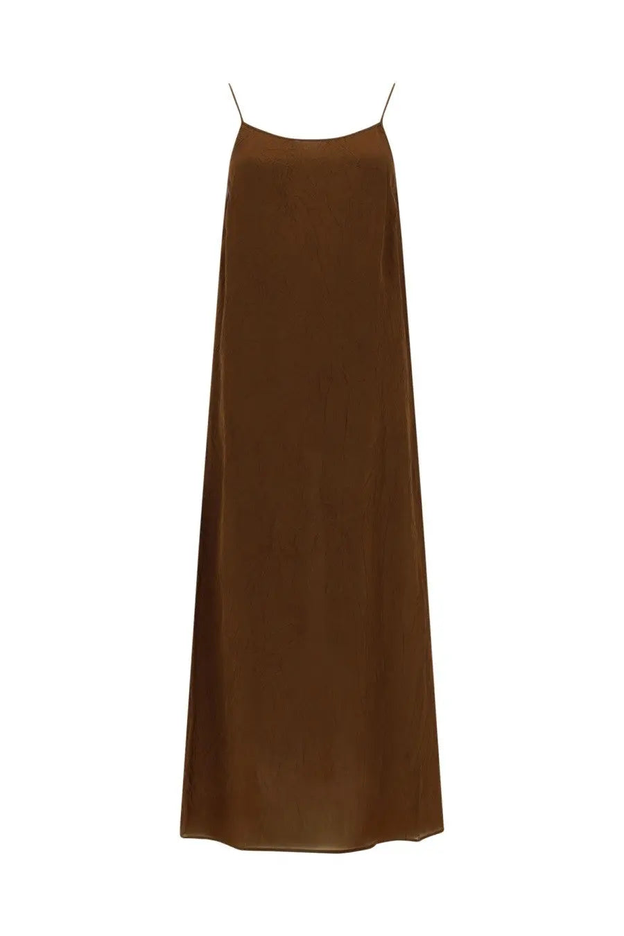 A sleek long brown satin slip dress with thin spaghetti straps from Uma Wang womens Anaya dress collection