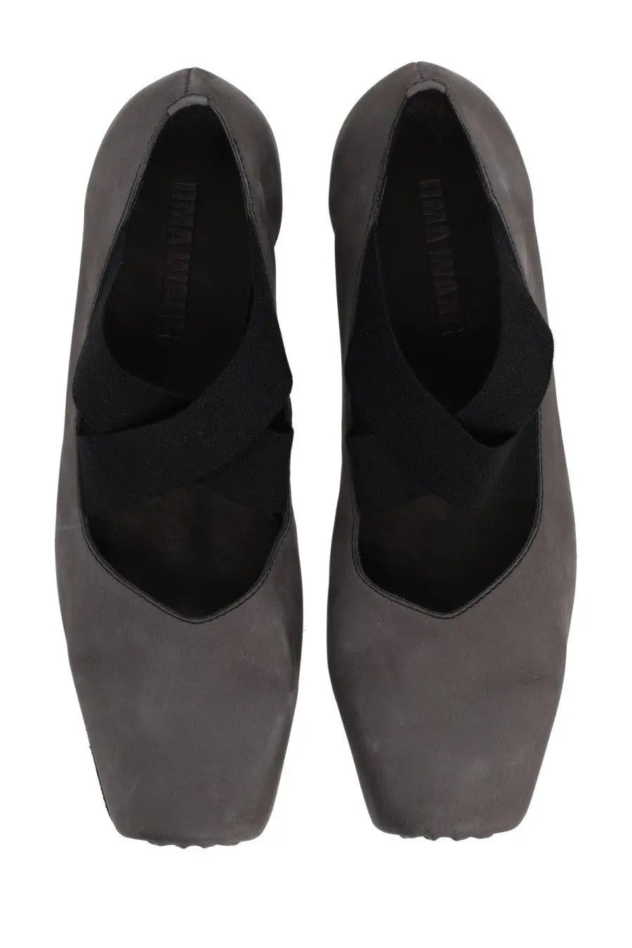 Uma Wang women’s ballerina dark gray suede mary jane flats with black elastic straps across the instep