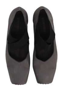 Uma Wang women’s ballerina dark gray suede mary jane flats with black elastic straps across the instep