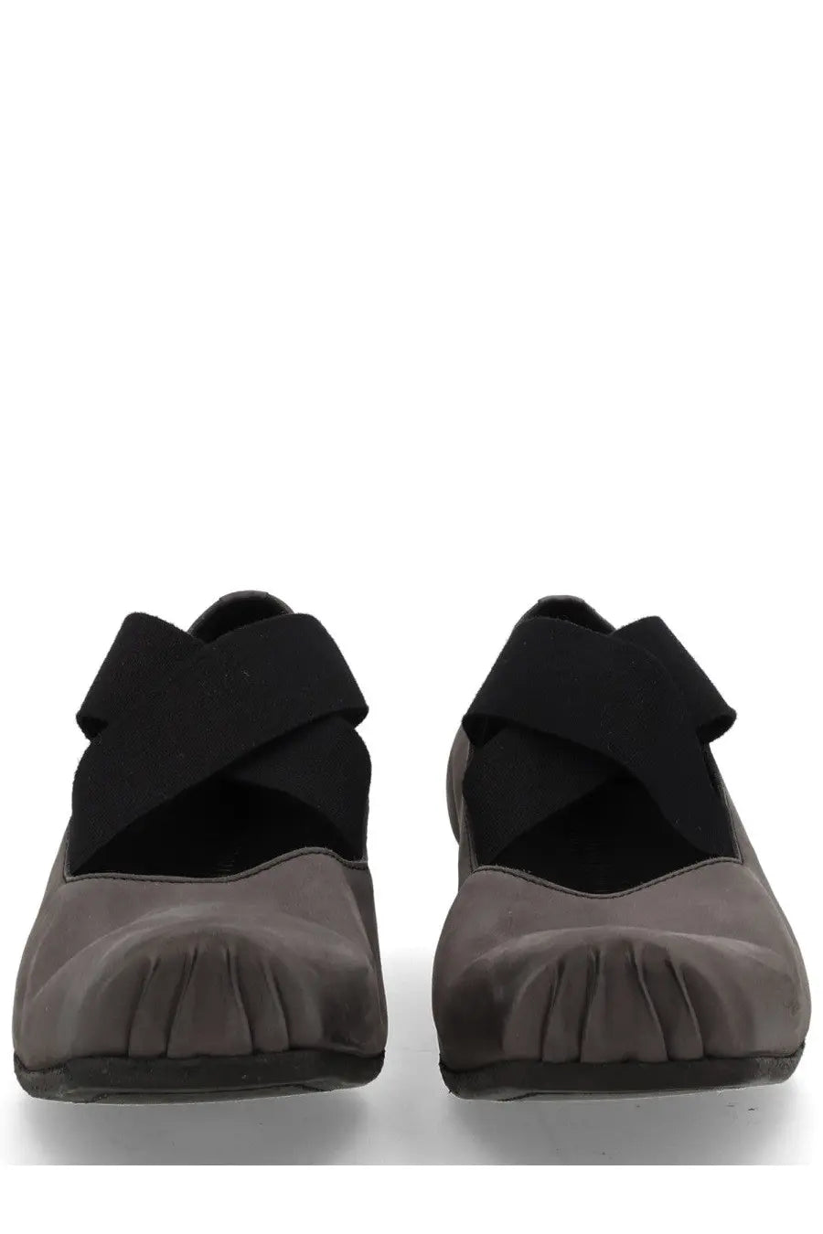 Uma wang women’s ballerina in pelle grey gray suede loafers with black cross-over elastic straps on the vamp