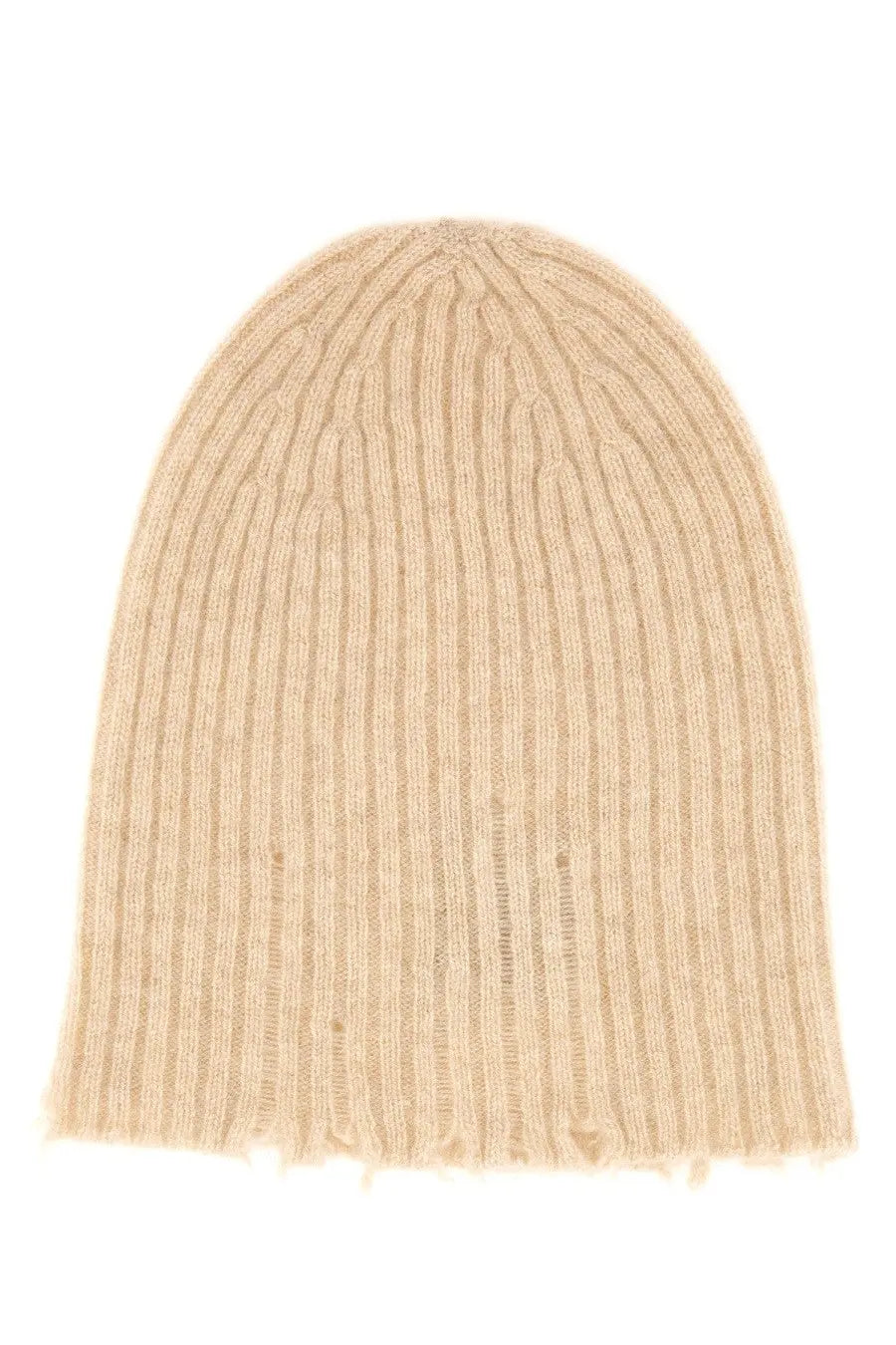 Beige cashmere ribbed knit beanie with a slightly frayed hem by uma wang for women