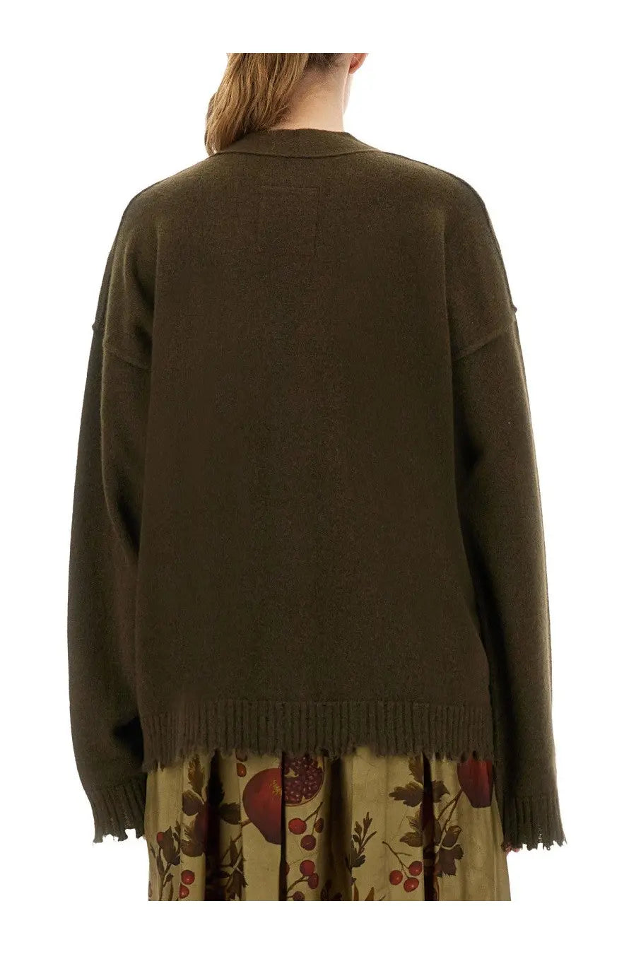 Uma Wang women’s olive green oversized cashmere knit cardigan with frayed hem and cuffs front view