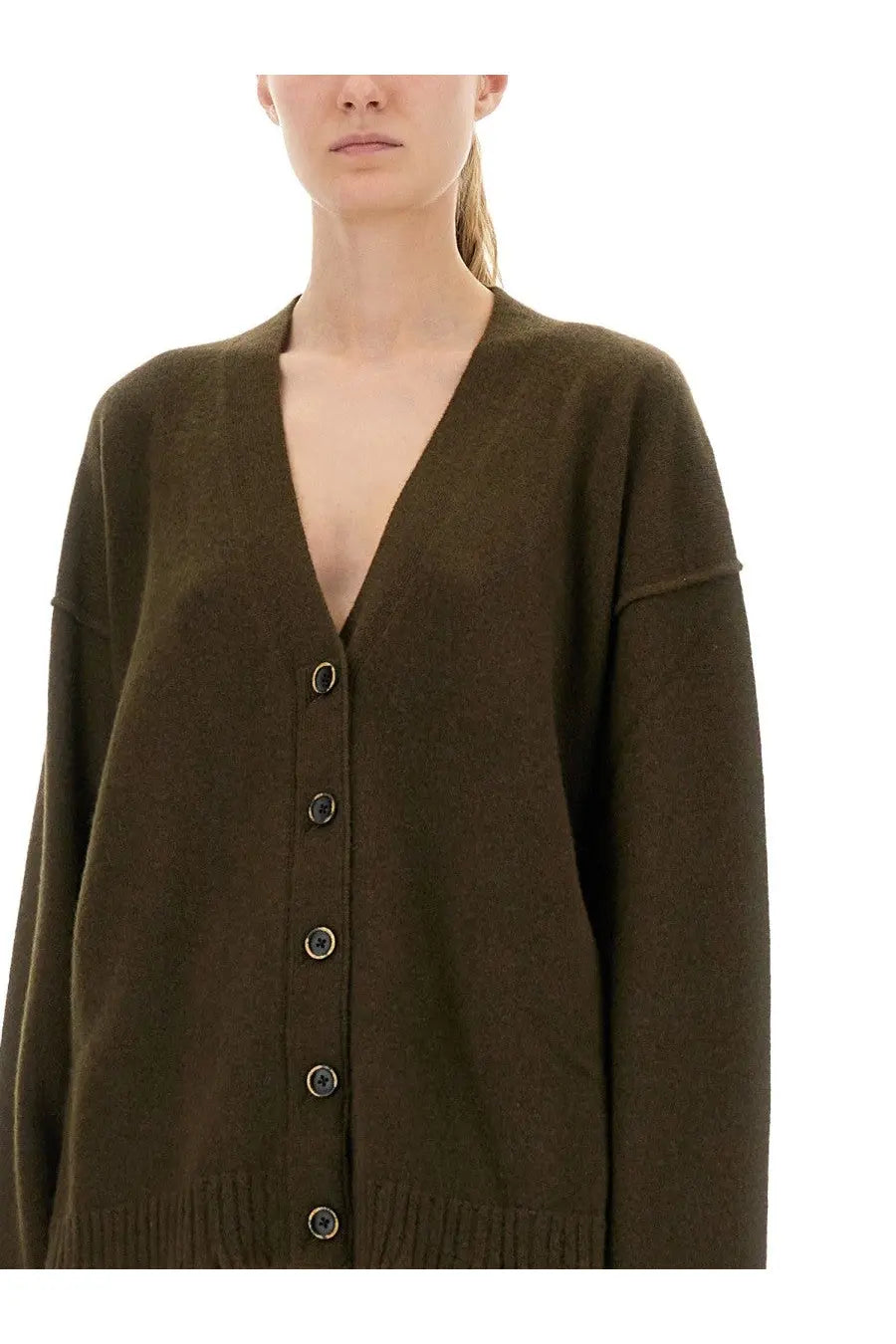 Uma Wang women’s cashmere cardigan green oversized olive knit v-neck with dark metallic buttons