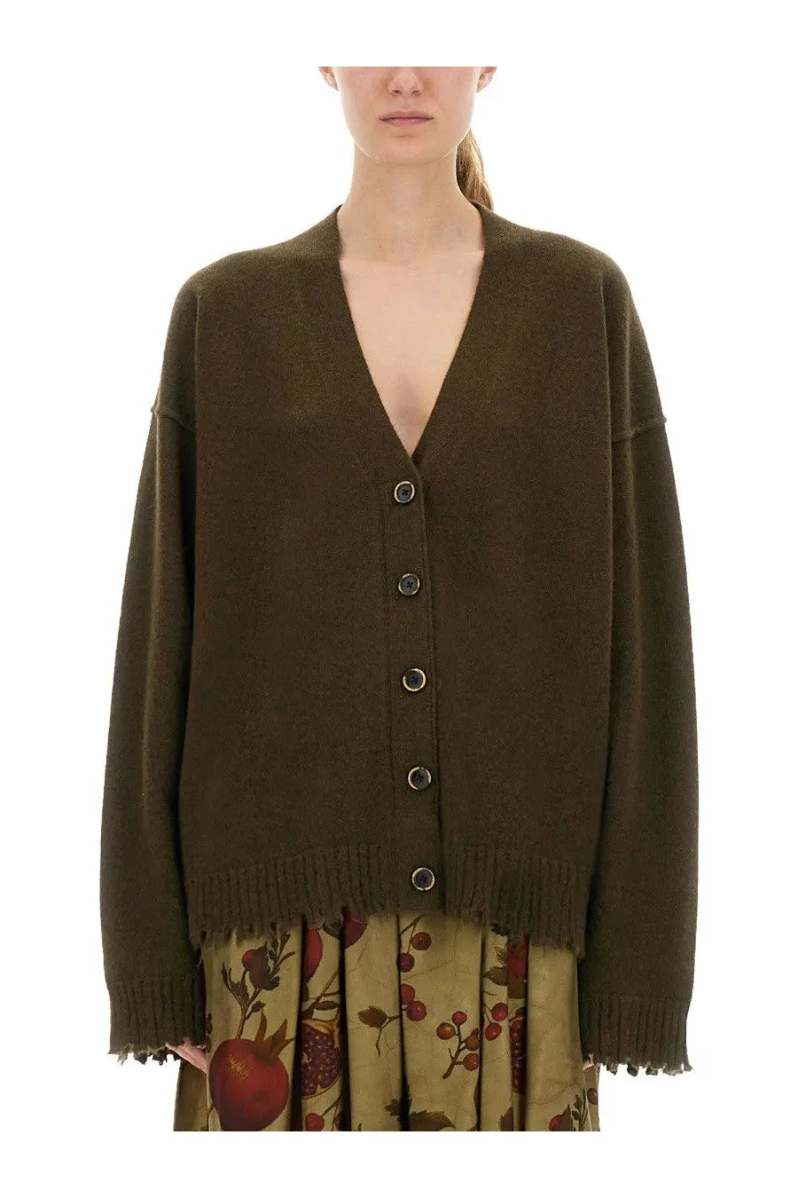Uma Wang women’s olive green oversized cashmere cardigan with frayed hem cuffs and dark metallic buttons