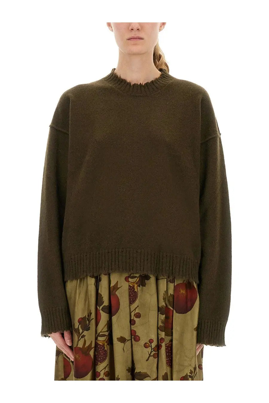 Uma Wang women’s cashmere olive green oversized knit sweater with ribbed cuffs and hem visible from front side