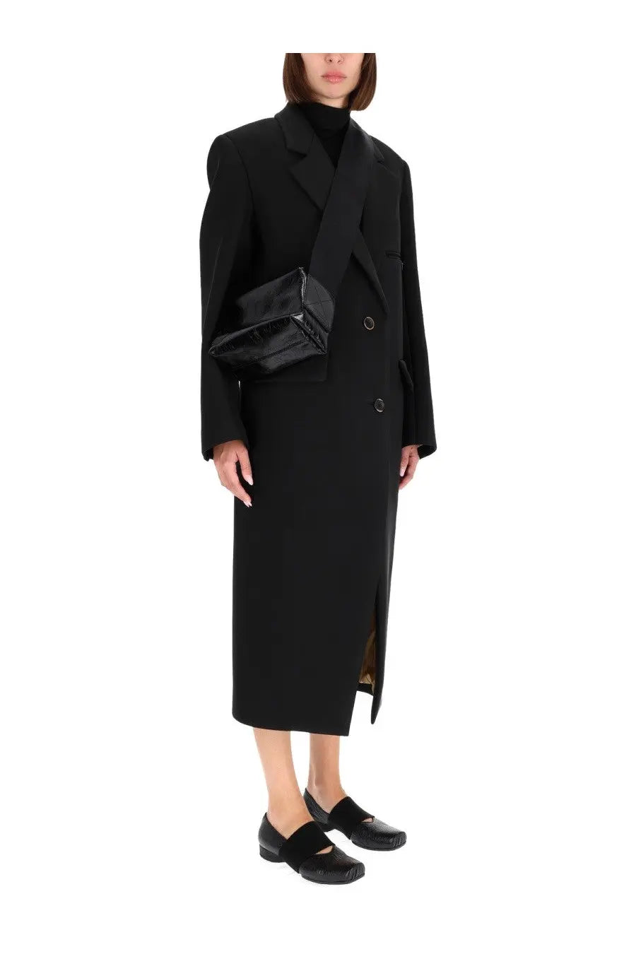 Black glossy patent leather crossbody bag with structured rectangular shape and minimalist silver hardware for uma wang women’s cassandra coat black