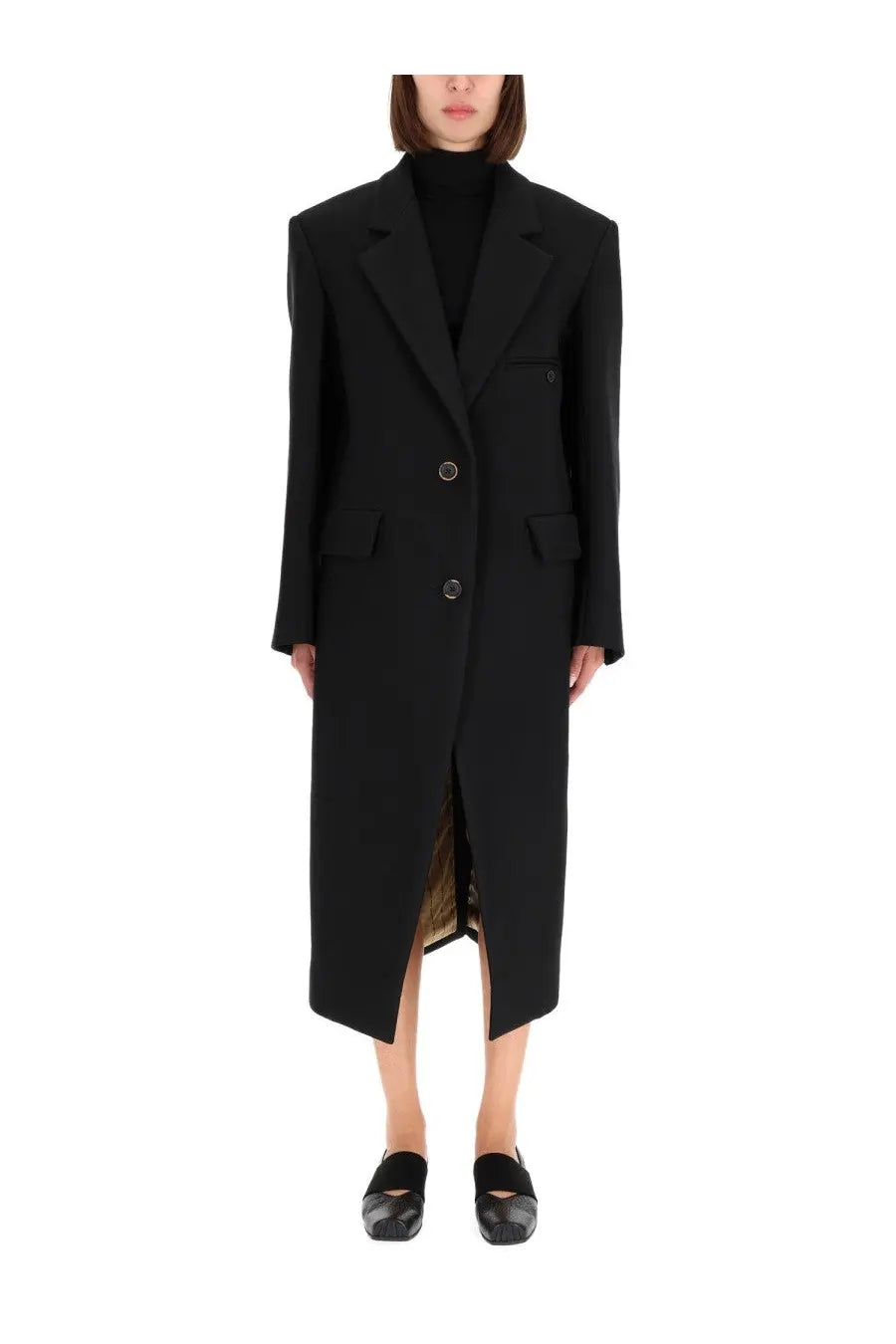 Uma Wang women’s Cassandra black oversized blazer coat with structured shoulders and double-breasted front